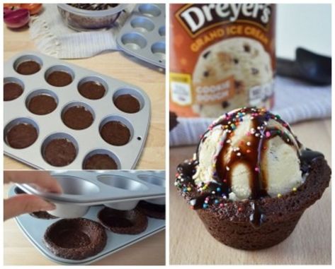 Brownie Ice Cream Cups, Chocolate Chip Cookie Bowls, Brownie Bowls, Best Coconut Cream Pie, Dessert Hacks, Coconut Cream Pie Recipes, Brownie Sundae, Brownie Cups, Brownie Ice Cream