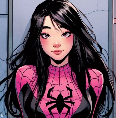 Marvel cómic panel, chica adolescente asiática, cabello negro semi largo negro, ojos negros grandes, traje de Spiderman de color rosa y negro. Spiderman Oc Art, Spiderman Oc, Spider Gwen Art, Silk Marvel, Marvel Oc, Anime Hug, Spiderman Art Sketch, Spiderman Artwork, Cute Laptop Wallpaper