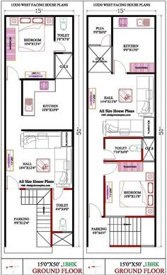 15x50 House Plan, Smart House Plans, Affordable House Design, One Floor House Plans, South Facing House, West Facing House, North Facing House, 20x40 House Plans, 30x40 House Plans