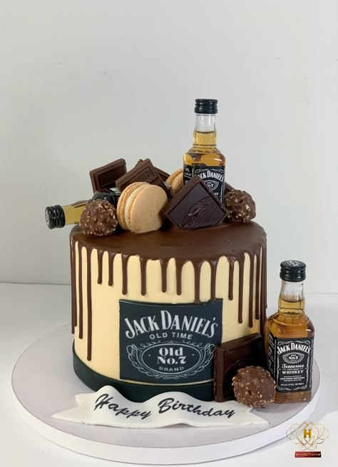 Buttercream cake with chocolate drip topped with Chocolate & Jack Daniels #cake #jackdaniels #dripcake Birthday Cakes For Men Alcohol, Alcohol Cake For Men, Jack Daniels Grooms Cake, Diy Mens Birthday Cake, Jack Daniel Birthday Cake, Mens Alcohol Cake, Jack Daniels Chocolate Cake, Jack Daniel’s Birthday Cake, Cake For 25th Birthday Man