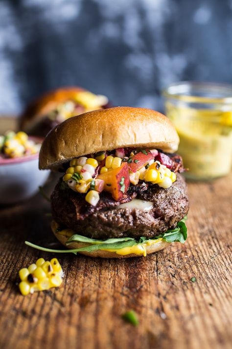 Brie Stuffed Burgers with Sweet Chili Corn Salsa? Oh yeah, babe. Recipe from halfbakedharvest.com. Chili Corn Salsa, Grilled Corn Salsa, Stuffed Burgers, Cheddar Burger, Sandwich Burger, Corn Salsa, Half Baked, Burger Bar, Half Baked Harvest