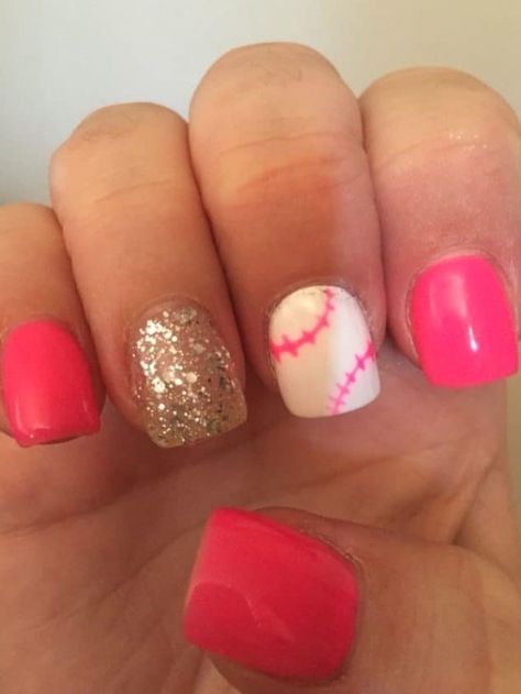 22 Brilliant Glitter Nail Art Designs Pictures - SheIdeas #gelnails #nailart #nailideas Easy Kids Nails, Softball Chants, Manicure Shellac, Baseball Nails, Veil Updo, Sports Nails, Gel Nails Long, Pride Nails