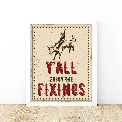 Bull Riding Birthday Party, Bull Birthday Party, Table Decor Birthday Party, Food Table Decor, Table Decor Birthday, Decor Birthday Party, Food Signs, Western Parties, Cowboy Rodeo