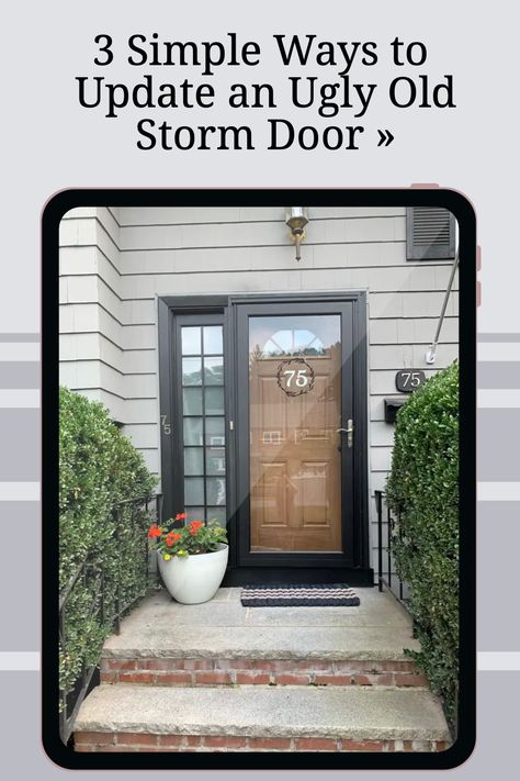 Storm Door Over Wood Door, Navy Front Door With Storm Door, Wood Door With Black Storm Door, Wooden Front Door With Storm Door, Replace Door With Window, Storm Door Paint Ideas, Painted Storm Doors For Front Door, Paint A Storm Door, Update Storm Door