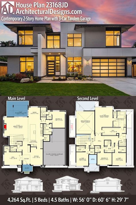 Layout1 Contemporary 2-story home design with 3-car garage, 5 beds, 4.5 baths, floor plans, and exterior view at sunset. | Sky Rye Design Uk Home 4 Bed, Modern 4 Bedroom House Plans Open Floor Beds, 5 Bedroom House Floor Plan 2 Story With Basement, Modern House Floor Plans 4 Bedroom 2 Story, 5 Bedroom Contemporary House Plans, Morden House Layouts, California House Plans, 4 Bedroom 4.5 Bath House Plans, Modern 5 Bedroom House Design