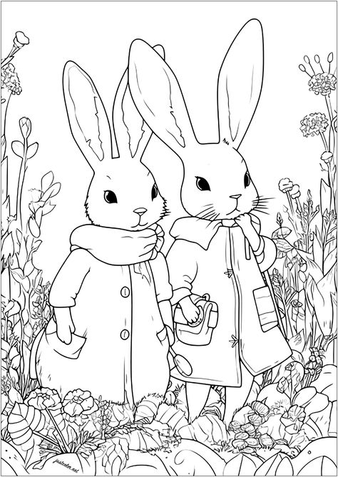 Two adventurous rabbits in a field of flowers - JustColor.net : Free adult printable coloring pages Rabbit Coloring, Free Easter Coloring Pages, Redwork Patterns, Coloring Pages Winter, Bee Coloring Pages, Witch Coloring Pages, Rabbit Colors, Coloring Page For Adults, A Field Of Flowers