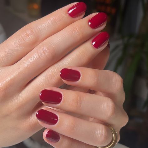 Red Nail Fall, Cirque Colors Jelly, Short Red Oval Nails, Nail Polish For Olive Skin Tone, Muted Red Nails, Red Round Acrylic Nails, 1940s Nails, Simple Gel Nail Art, Berry Red Nails