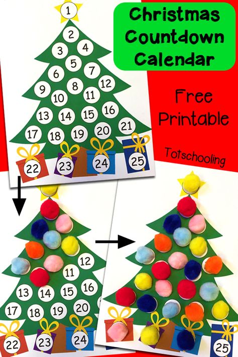 Free Christmas Countdown Printable Advent Calendar from Totschooling Diy Countdown, Christmas Countdown Printable, Countdown Christmas, Christmas Countdown Diy, Christmas Tree Advent Calendar, Calendar Advent, Printable Advent Calendar, Christmas Countdown Calendar, Printables For Kids