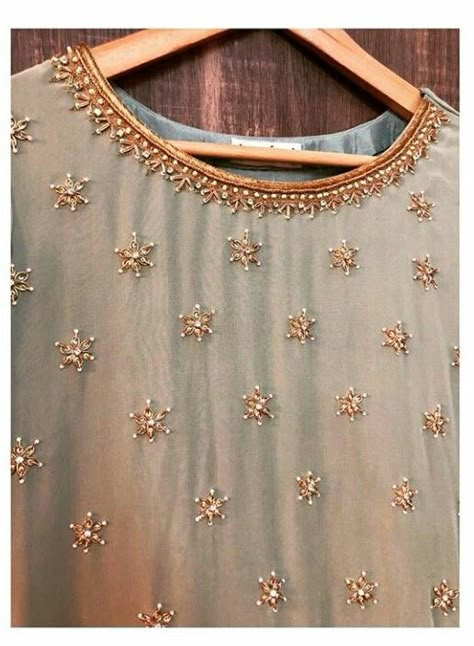 Neck Zari Embroidery Designs, Beadwork Embroidery Kurtis, Katdana Work Designs, Katdana Embroidery Designs, Gold Work Embroidery, Embroidery Fashion Detail, Hand Beaded Embroidery, Hand Embroidery Dress, Simple Embroidery Designs