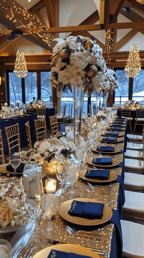 17 Winter Wedding Color Palette Ideas With 50+ Examples Beige And Navy Blue Wedding Theme, Marine Theme Wedding, Blue Winter Wedding Decor, Dark Blue And Champagne Wedding, Blue Themed Wedding Decor, Navy Blue And Champagne Wedding Decorations Table Settings, Elegant Winter Wedding Centerpieces, January Wedding Themes, Christmas Color Wedding