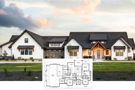 This is a Truly Stunning Home Plan Inside and Out - A Modern Farmhouse Home with Expansive 4-Car Garage and Basement Option (Floor Plan) 4 Garage House Plans, Four Car Garage House Plans, Farmhouse Layout, 4 Car Garage, Shed Dormer, Garage Addition, Large Sheds, Garage House Plans, New Home Build