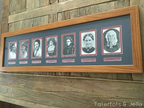 Family History Photo Wall, Ancestry Gallery Wall, Ancestor Wall, Ancestry Wall, Family History Printables, Family Heirloom Display, Genealogy Crafts, Ancestry Scrapbooking, Family Generations