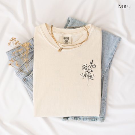 Flower Tee Shirt, Casual T-shirt With Floral Embroidery For Gift, Cottagecore Floral Embroidered T-shirt For Summer, Spring Casual T-shirt With Birth Flower, Spring Birth Flower Crew Neck T-shirt, Spring Botanical Flower T-shirt, Casual Outfits For Moms, Floral Tee, Business Shirts