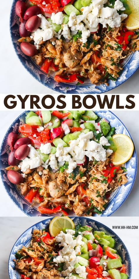 Healthy Meals Rotisserie Chicken, Rotisserie Chicken Gyros, Mediterranean Pulled Chicken, Gyro Casserole Recipe, Rotisserie Chicken Greek Bowl, Rotisserie Chicken Bowls Healthy, Rotisserie Chicken Recipes Mediterranean, Gyro Bowls Chicken, Greek Rotisserie Chicken Recipes