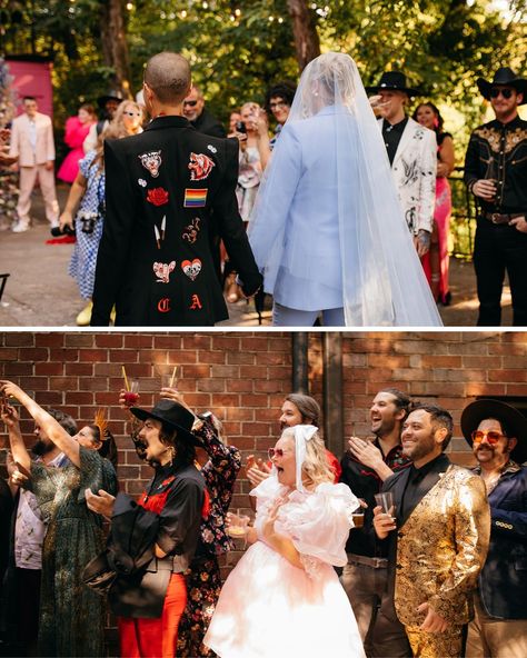 Move over Anna, this Met Gala 'Camp' Theme Celebration is ... well, 👆 these pictures say it all 😍😍⁠ ⁠ Alex (she/her) & Cassi (she/her) threw the biggest, queerest party to celebrate that they’d actually, secretly, been married for an entire year before the big – gay- day. ⁠ ⁠ And, every.single.detail is just ... *deliciously queer* 🌈⁠ ⁠ Catch this one over on the blog - links linked up there for you 👆⁠ ⁠ Captured by @our_ampersand_photo⁠ ⁠ Lovers @alexhunter__ & @cassigill⁠ Venue @mondaynight... Queer Wedding Party, Wedding Guest Dress Inspiration, Wedding Band Tattoo, Camp Theme, Queer Weddings, Dress Code Wedding, Modern Wedding Inspiration, Lgbtq Wedding, Courthouse Wedding