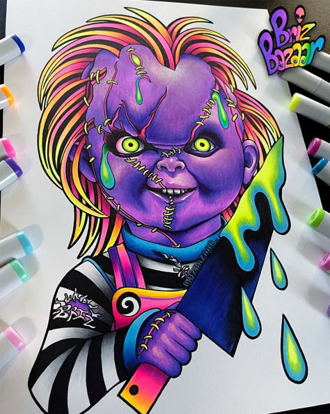 Happy First Day Of June, Chucky Drawing, Pop Art Drawing, Posca Marker, Horror Artwork, Posca Art, Horror Movie Art, Cartoon Painting, Dope Cartoon Art