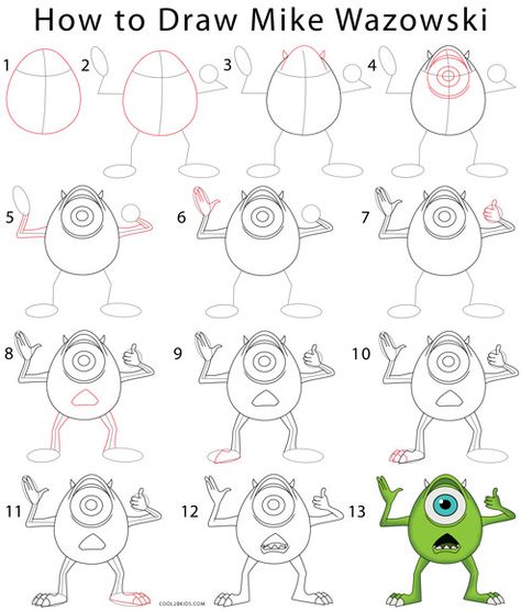 How to Draw Mike Wazowski Step by Step Drawing Tutorial with Pictures | Cool2bKids How To Draw Mike Wazowski, How To Draw Pixar Characters, Disney Doodles Step By Step, How To Draw Disney Characters Step By, Step By Step Cartoon Characters, How To Draw Characters Step By Step, Mike Wazowski Drawing, Disney Characters Easy, Easy Drawings Step By Step