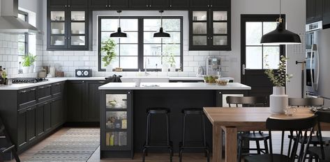 Black Kitchen Cabinets – LERHYTTAN Series - IKEA Lerhyttan Kitchen, Black Ikea Kitchen, Voxtorp Ikea, Kitchen Cabinets Fronts, Ikea Kitchen Planner, Black Appliances Kitchen, Light Grey Kitchens, Ikea Shopping, Hacks Ikea