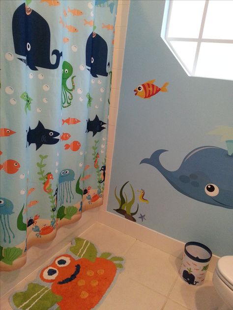 'Under the Sea' bathroom Under The Sea Bathroom Ideas Kids, Toddler Bathroom Ideas Boys, Boys Bathroom Ideas Kid Decor, Baby Bathroom Ideas, Kids Bathroom Ideas For Boys, Toddler Boy Bathroom, Kids Ocean Bathroom, Toddler Bathroom Decor, Kids Bathroom Decor Boys