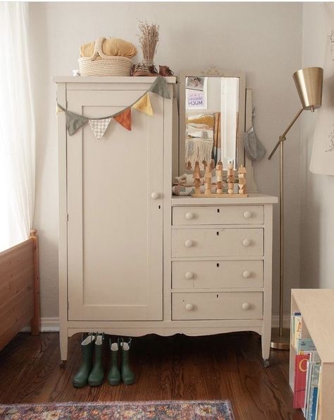 Vintage Wardrobe Nursery, Maileg Inspired Bedroom, Vintage Furniture Kids Room, Armoire Nursery, Vintage Boys Nursery, Nursery Corner In Parents Room, Vintage Kids Bedroom, Antique Nursery Decor, Cottage Core Nursery