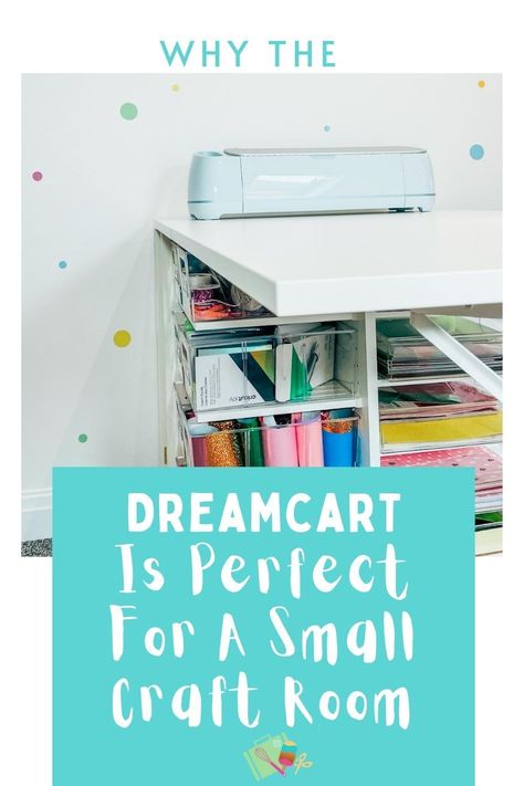 DreamCart Review And Why Is It Great For Small Craft-Rooms, how the Dream Cart makes the most of the space in my small craft room, helped me organise craft supplies and craft storage and have foldable workspace #dreamcart #smallcraftroom #craftspace #craftorganisation #crafttable #storagesolutions #craftroom #homeoffice Tiny Craft Space, Small Cricut Workspace Ideas, Cricut Scraps Organization, Small Cricut Workspace Garage, Small Sublimation Craft Rooms, Cricut Cart Ideas, Cricut Organization Ideas Small Space, Cricut And Heat Press Work Station, Craft Room Design Layout Small Spaces