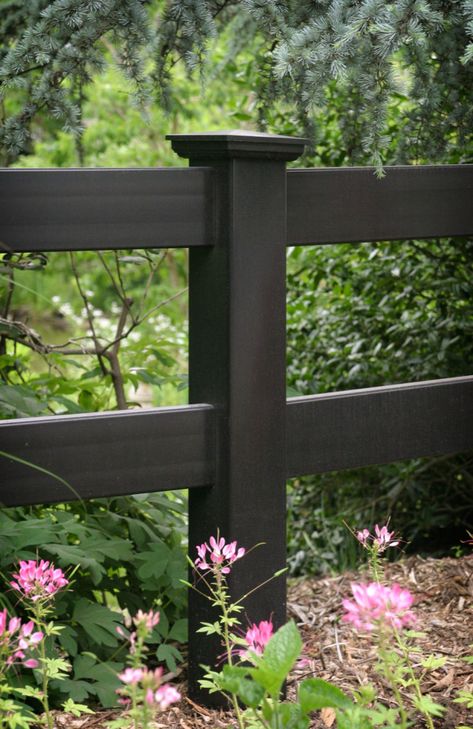 Low Fence Ideas Curb Appeal, Low Black Fence Front Yard, Stone Mailbox, Fences Ideas, Low Fence, Post And Rail Fence, Ranch Fencing, Vinyl Fence Panels, Split Rail Fence