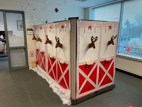 My 1st year giving this a try. I made reindeer stalls. Rudolph Office Christmas Decorations, Reindeer Cubicle Decor, Office Cubicle Decorating Ideas Christmas, North Pole Cubicle Decorations, Christmas Cubicle Decorations Contest, Cubicle Christmas Decorations Contest, Christmas Cube Decorations, Office Cubicle Decorating Ideas, Office Cubicle Design