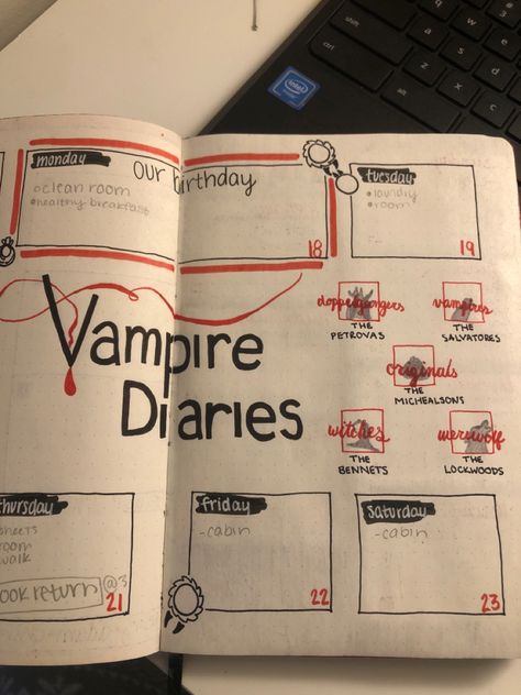 Vampire Journal Ideas, Vampire Diaries Journal Ideas, The Vampire Diaries Journal, Vampire Diaries Journal, Tvd Tattoos Ideas, Vampire Tattoo, Vampire Diary, Project Cover Page, Bullet Journel