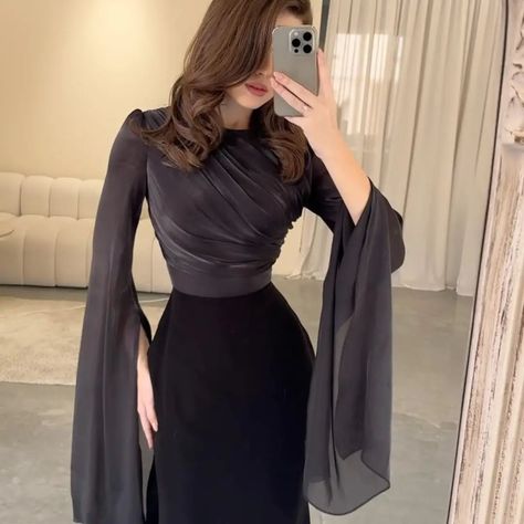 Glass Gauze Large Hem Sleeve Long Satin Slim Fit Dress 💙🖤 #vestige Long Dress With Sleeves, Satin Long Dress, Bride Dress Simple, Satin Dress Long, Dresses Classy, Elegant Dresses Classy, Dress With Sleeves, Slim Fit Dress, Dress Simple