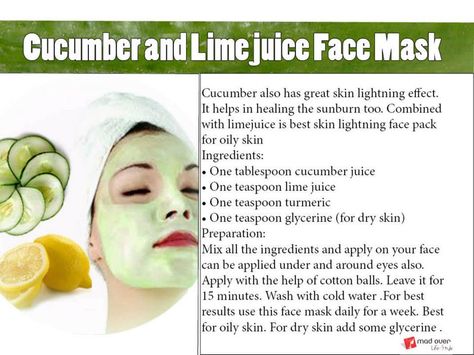 Cucumber and lime juice face mask :  Cucumber also has great skin lightning effect. It helps in healing the sunburn too. Combined with limejuice is best skin lightning face pack for oily skin  Ingredients:  • One tablespoon cucumber juice  • One teaspoon lime juice  • One teaspoon turmeric  • One teaspoon glycerine (for dry skin)  Preparation:  http://www.facebook.com/photo.php?fbid=487669957953757=a.487669921287094.1073741860.469550699765683=3 Tumeric Face, Cucumber Face Mask, Cucumber For Face, Face Glow, Face Cleaning, Cucumber Juice, Prevent Ingrown Hairs, Skin Ingredients, Face Pack