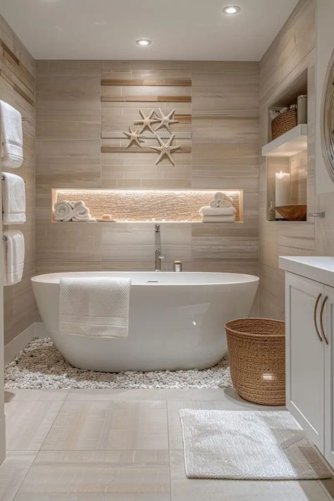 Sandy Tiles Bathroom, Bathroom Sand Tiles, Sand Color Bathroom, Sand Bathroom, Colored Tiles, Beach Style Bathroom, Bathroom Lighting Ideas, Shower Style, Beach Theme Bathroom