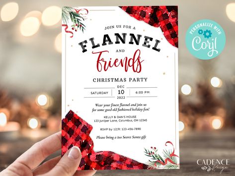 "Celebrate the holidays with a fun and casual holiday party! This customizable Flannel & Friends Christmas party invitation will invite guests to wear their favorite flannel and enjoy a cozy holiday party! The invite features watercolor sprigs of evergreen and buffalo plaid flannel accents.  ♥ DEMO LINK ♥ Try before buying! Simply copy and paste the URL below into your browser: https://www.corjl.com/d/3IK104 The word \"FLANNEL\" is not editable. See photo for reference. EDITABLE FILE You persona Flannel Christmas Party Invitation, Fun Party Invitation, Flannel Christmas Party Theme, Flannel Christmas Party, Company Christmas Party Ideas, Friends Holiday Party, Christmas Party Themes For Adults, Flannel Party, Casual Holiday Party