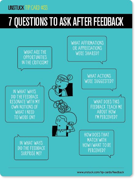 Unstuck Tip Card #33: 7 questions to ask after feedback <tip-card-encoded-link> Giving And Receiving Feedback, Asking For Feedback At Work, Receiving Feedback At Work, Feedback Questions, Effective Feedback, Leadership Management, Instructional Coaching, Vie Motivation, Formative Assessment