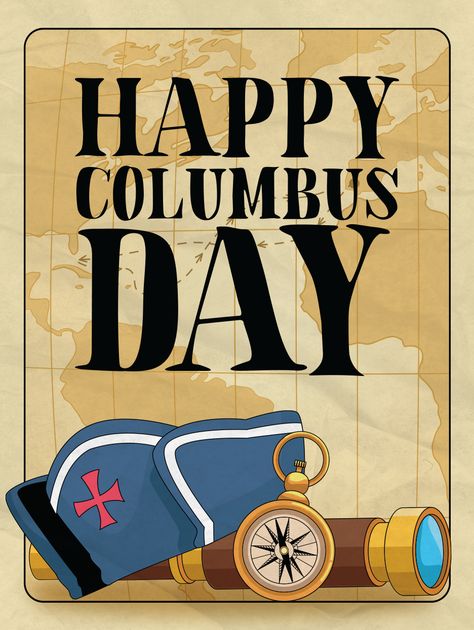 Featuring all the tools for discovery: a telescope, a compass, and a map as the background, this card is a great way to celebrate the National Columbus Day this year! Send this card to your family and friends to remind them of the history. Happy Columbus Day, Columbus Day, Cue Cards, Birthday Reminder, Birthday Calendar, English Writing Skills, English Writing, Holiday Specials, Columbus