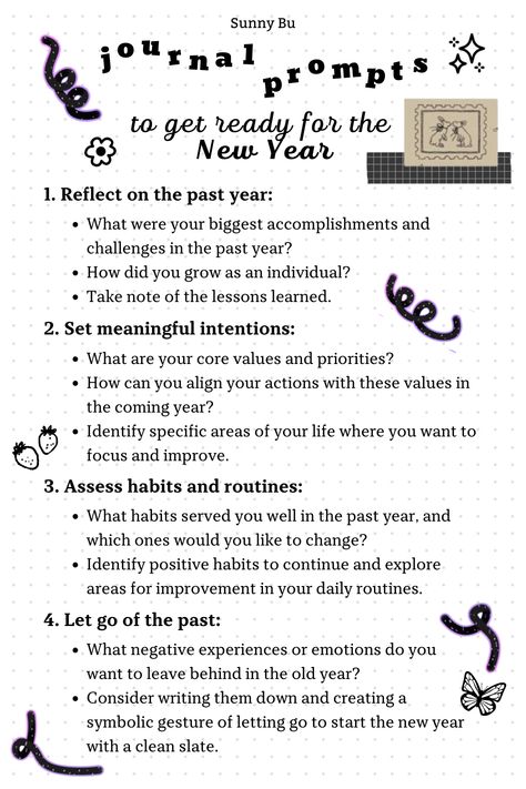 1. Reflect on the past year: What were your biggest accomplishments and challenges in the past year? 
How did you grow as an individual? 
Take note of the lessons learned.

2. Set meaningful intentions:
What are your core values and priorities? How can you align your actions with these values in the coming year? Identify specific areas of your life where you want to focus and improve. New Year Intention Setting, Winter Journal Prompts, New Year Reflection, Yearly Reflection, Bullet Journal Set Up, Set Intentions, Creating A Bullet Journal, Journal News, Journaling Prompts