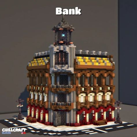 Minecraft Record Shop, Minecraft City Design, Victorian Style Minecraft House, Minecraft Victorian Builds, Minecraft Bank Interior, Minecraft Bank Ideas, Minecraft Shop Design, Victorian Minecraft Builds, Minecraft Bank Building