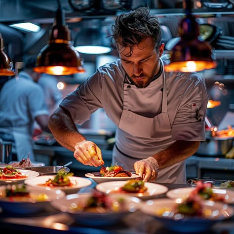 Download 'Chef Plating Dish' - Chef meticulously garnishing a dish in a busy, professional kitchen illuminated by warm overhead lights. - Get this free stock photo and more high-quality images on StockCake. No attribution required. Chef Photo Shoot Ideas, Culinary Photoshoot Ideas, Cooking Photoshoot Ideas, Chef Pictures Image Cooking, Chefs Photoshoot, Chef Cooking Photography, Chef Portrait Photography, Someone Cooking, Chef Branding