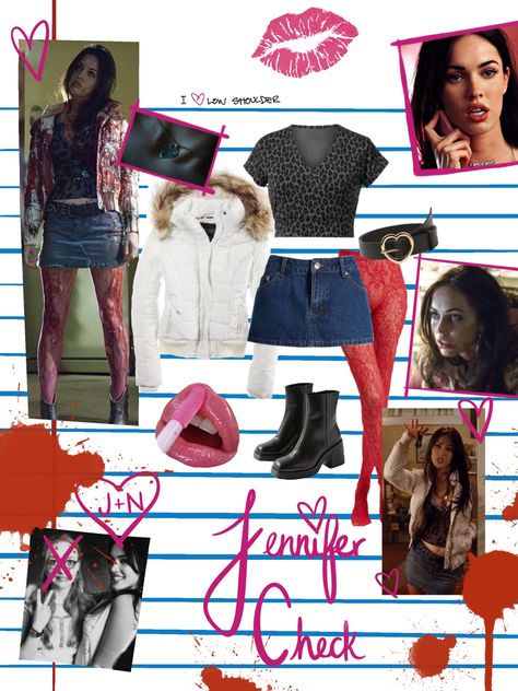 Jennifer Check Outfit Ideas, Jennifer’s Body Clothes, Jennifer’s Body Aesthetic Outfit, Jennifers Body Megan Outfits, Jenifer Check Halloween, Jennifer's Body Outfits Halloween, Jennifer’s Body Couple Costume, Jenifer Check Aesthetic, Jeniffers Body Outfits