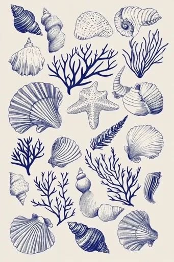 ↑↑↑ Larger size on website 🔸 The image is a collection of hand-drawn illustrations of seashells, starfish, and sea plants. The de Marine Plants Illustration, Sea Plants Drawing, Sealife Illustrations, Drawing Seashells, Art For Collage, Starfish Illustration, Salt Logo, Starfish Drawing, Beach Patterns