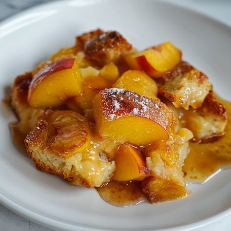 Peach Bread Pudding Bread Pudding With Peaches Recipe, Peach Bread Pudding Recipe Old Fashion, Peach Bread Pudding Recipe, Fruit Bread Pudding, Peach Bread Pudding, Peach Bread Puddings, Peach Bread, Dash Diet Recipes, Bread Pudding Recipe