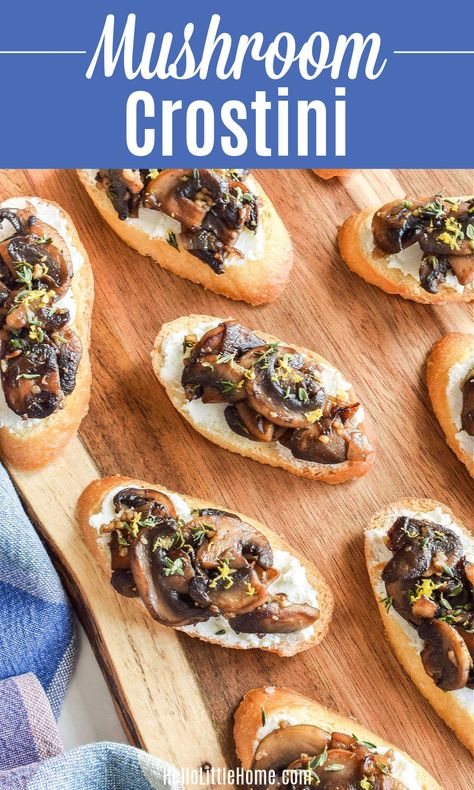 Mushroom Crostini Recipes, Veggie Recipes Breakfast, Baguette Appetizer, Mushroom Crostini, Mushroom Goat Cheese, Mushroom Appetizer, Mushroom Appetizer Recipes, Roasted Grape Tomatoes, Baguette Slices