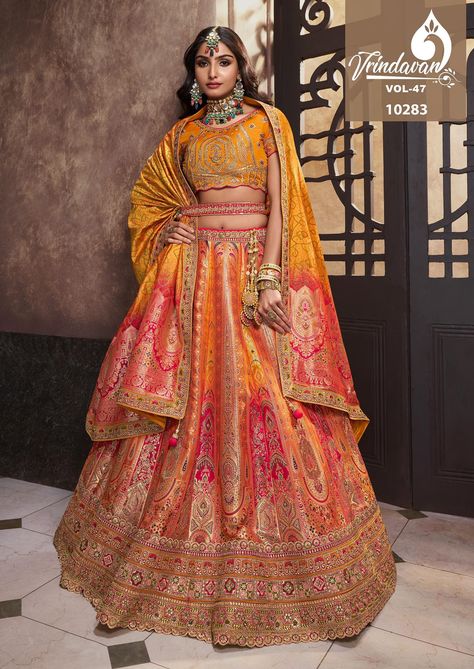 ROYAL VRINDAVAN BRIDAL AND BRIDEMAID LEHENGA CHOLI ALL READY STOCK Anarkali Lehenga Gowns, Wedding Mehendi, Orange Lehenga, Anarkali Lehenga, Yellow Lehenga, Choli Blouse, Kaftan Designs, Work Lehenga, Wedding Saree Collection