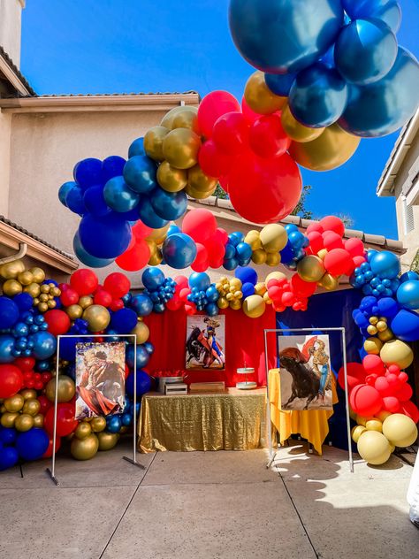 Red Blue And Gold Balloon Garland, Red And Blue Balloon Garland, Company Backdrop, Captain America Birthday Party, Garland Balloon, Pearl Balloons, Blue Party Decorations, Gold Graduation Party, Floating Balloons