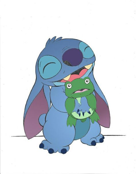 Stitch fanart with a frog Stitch Holding Frog, Stitch Fanart, Lilo And Stitch 3, 626 Stitch, Angel Party, Lilo And Stitch 2002, Toothless And Stitch, Cartoon Tattoo, Duck Photo