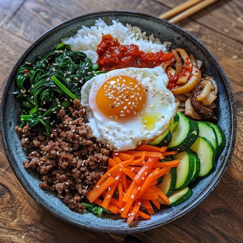 🍚 Discover the colorful and nutritious Bibimbap! A Korean classic full of flavor! 🍳 #Bibimbap #KoreanCuisine Bibimbap Ingredients: Cooked rice (2 cups) Ground beef (200g, cooked) Spinach (1 bunch, blanched) Carrots (1, julienned) Zucchini (1, julienned) Mushrooms (100g, sliced) Bean sprouts (100g, blanched) Gochujang sauce (2 tbsp) Sesame oil (1 tbsp) Sesame seeds (1 tbsp) Egg (1, fried) Soy sauce (1 tbsp) Instructions: Arrange cooked rice in bowls. Place ground beef, spinach, carrots, zu... Korean Bipinbop, Blanched Carrots, Ground Beef Spinach, Beef Bibimbap, Bibimbap Sauce, Bean Sprout Recipes, Cooked Spinach, Bibimbap Recipe, Gochujang Sauce