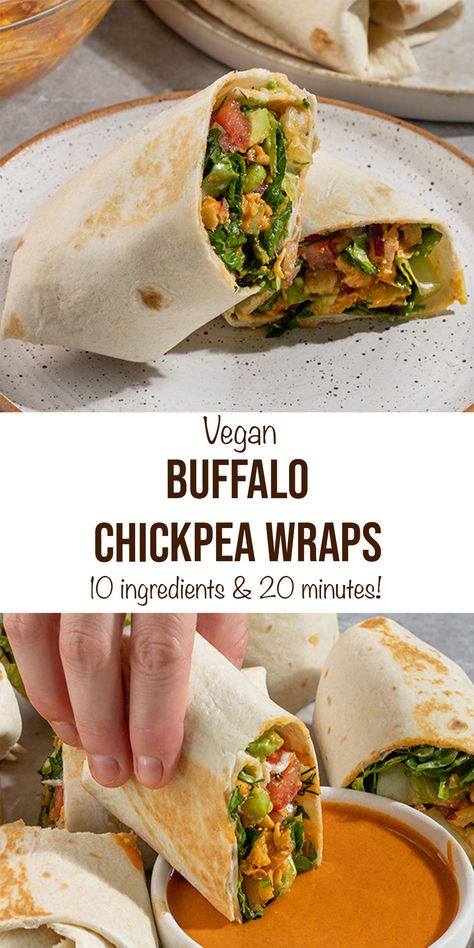 Buffalo Chickpea Wraps Vegan Buffalo Sauce Recipe, Buffalo Chickpea Salad, Salad Romaine Lettuce, Vegan Buffalo Sauce, Salad Romaine, Buffalo Chickpea, Recipe For Lunch, Vegan Sandwiches, Gluten Free Wraps