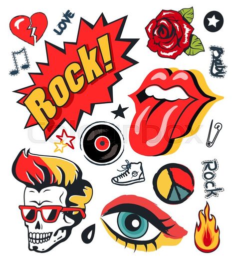 Skull With Mohawk, Music Birthday Party, Tattoo Background, Rose Makeup, Punk Pins, Punk Patches, Rock Baby, Stickers Set, Open Mouth