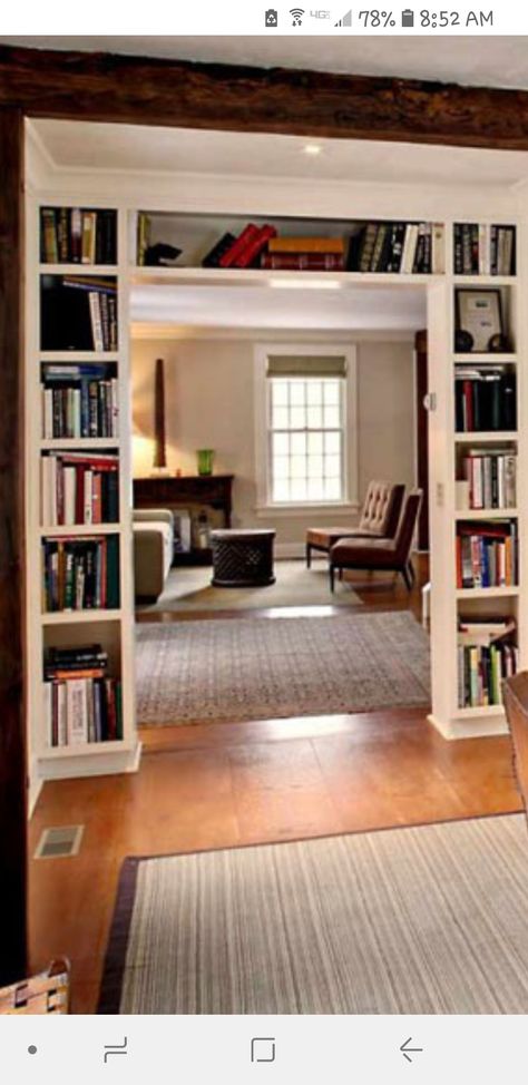 Doorway Cabinet Ideas, Shelving Around Door, Shelving Over Doorway, Built In Shelf Room Divider, Bookcase Surrounding Door, Living Room Doorway Ideas, Archway With Shelves, Shelves Above Doorway, Bookcase Around Doorway