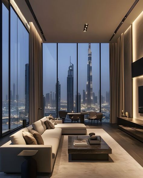 Korean Penthouse Luxury, Dubai Luxury Home, Sims 4 Penthouse Ideas, Penthouse Apartment Aesthetic, Marbella House, Living Room With A View, Artistic House, Dubai Penthouse, Dubai Apartment