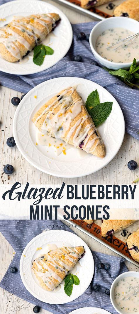 These Glazed Blueberry Mint Scones are the perfect Spring breakfast, paired with tea or a strong cup of coffee! Surprisingly easy-to-make, too. Vegan, Soy-free, Dairy-free Mint Scones, Savoury Scones, Vegan Brunch Recipes, Spring Breakfast, Vegan Breads, Biscuits Recipes, Vegan Bread Recipe, Scone Recipes, Blueberry Mint